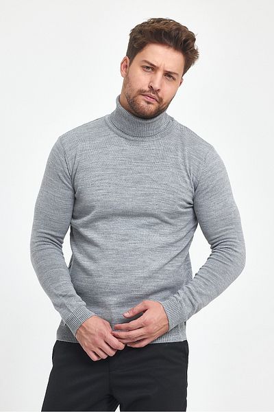 MODAMESTO Men's Gray Slim Fit Full Turtleneck Knitwear Sweater