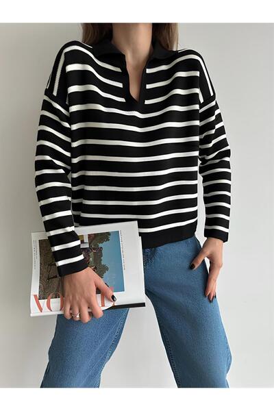 Giyim Gezegeni Pulover de damă cu guler polo în dungi