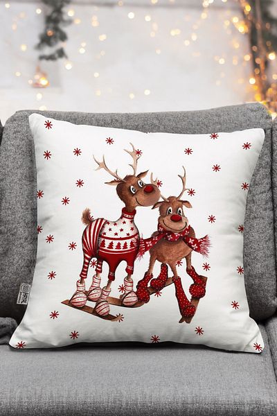 Hayal Dekoratif Christmas Deer Patterned Brown Digital Printed Decorative Pillow and Cushion Cover