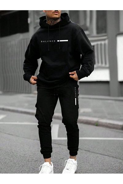 Josette Balance Printed Winter Bottom Top Set Sweatshirt Sweatpants - Black Printed Oversize Hoodie