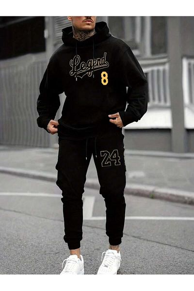 Josette Legend 8 Winter Bottom Top Set Sweatshirt Tracksuit Bottoms - Black Printed Oversize Hoodie
