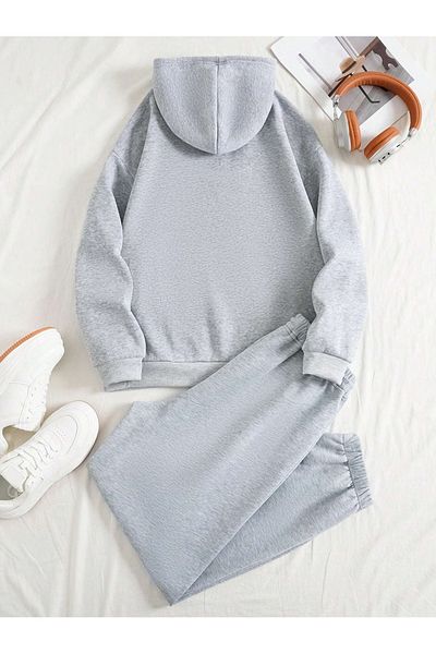 Josette Brooklyn USA Winter Bottom Top Set Sweatshirt Tracksuit Bottoms - Gray Printed Oversize Hoodie