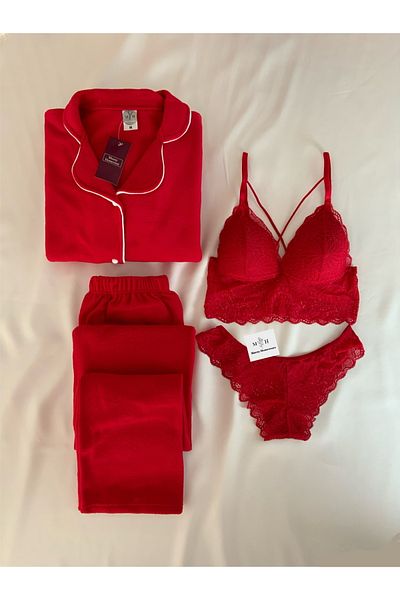 MH Moony Homewears Thermal 4-Piece Deluxe Red Pajama Underwear Set