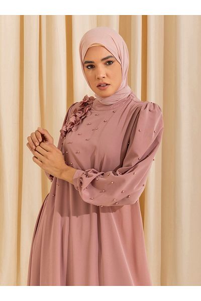 Refka Pearl and Flower Detailed Hijab Evening Dress - Deep Pink - Woman
