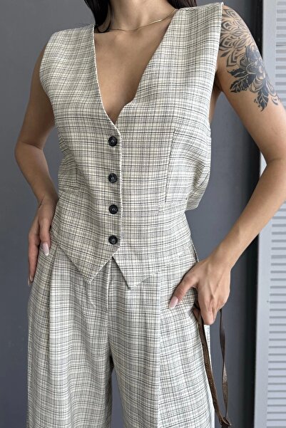 Eka Γυναικείο Μπεζ Γιλέκο Παντελόνι Σετ 1017-6013