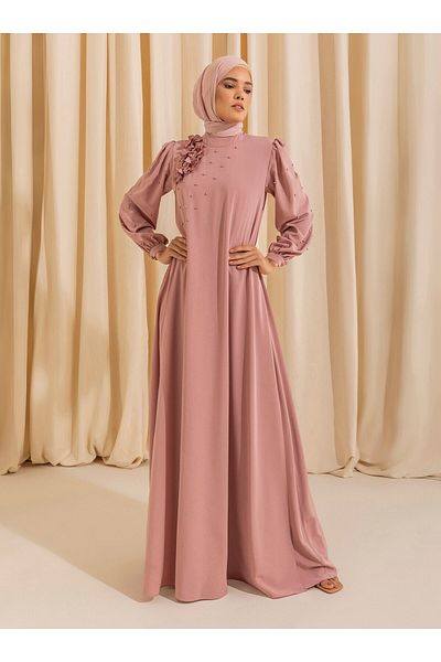 Refka Pearl and Flower Detailed Hijab Evening Dress - Deep Pink - Woman