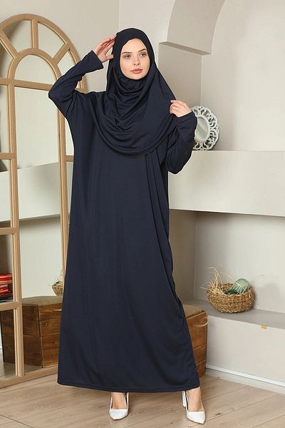 miss ledonna Μπλε Navy One Piece Πρακτικό Φόρεμα Προσευχής με Μαντίλι