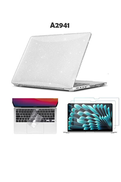 TEKNETSTORE Macbook Air 15 Inç M2 Çip A2941 Tam Uyumlu Simli Alt Üst Kılıf + Klavye Kılıfı + Ekran Koruyucu Film