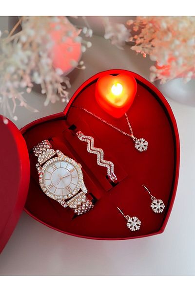 Has Rose Clock Bracelet Necklace and Earring Heart Set Box with Gift