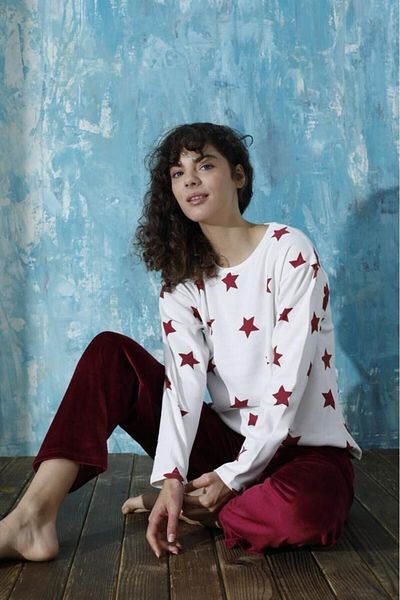bie's Burgundy White Star Crew Neck Low Shoulder Interlock Cotton Top Velvet Bottom Pajama Tracksuit Set