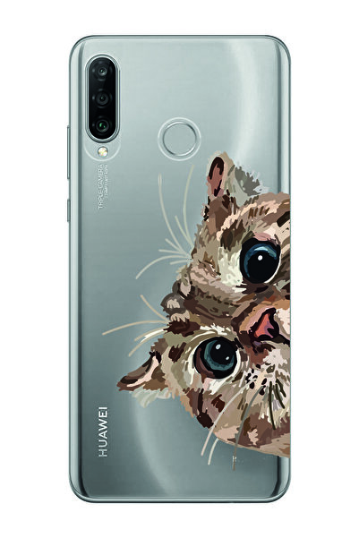 Magic Ring Huawei P30 Lite Uyumlu Tatlı Kedi Desenli Şeffaf Telefon Kılıfı