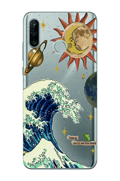 Magic Ring Huawei P30 Lite Uyumlu Güneş ve Dalga Desenli Şeffaf Telefon Kılıfı