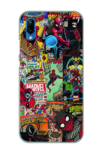 Magic Ring Huawei P20 Lite Uyumlu Spiderman Kolaj Desenli Şeffaf Telefon Kılıfı