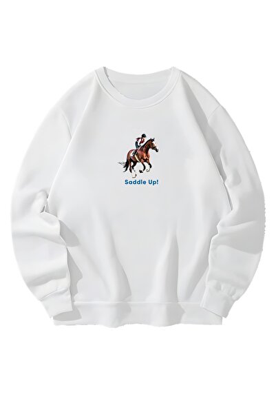 MAGORS Сядайте в седлото! Унисекс бяла блуза с принт на кон и жокей