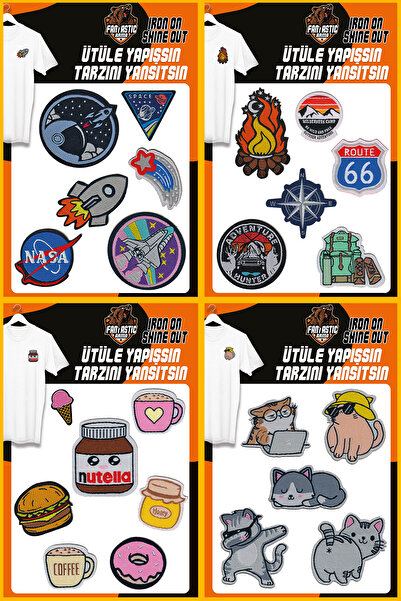 FANTASTIC ARMA Set de 4 campanii avantajoase - țesătură adezivă cu fier de călcat, model Space/Camping/Cat/Nutella