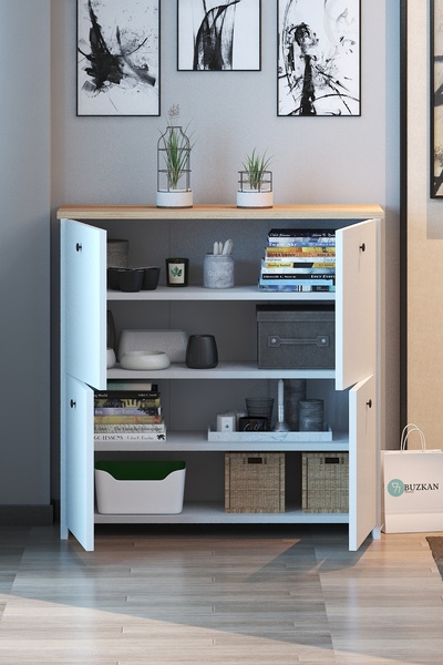 Buzkan Mobilya %100 Mdf lam Ayakkabı Dolabı: Beyaz(üstü desen’li) Country Ayakkabılık