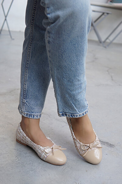 LAMİNTA Teresa Nude Women's Ballerinas with Tweed Bow Detail