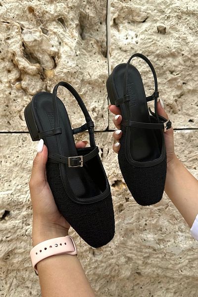 LAMİNTA Sista Black Tüvid Detailed Women's Ballerinas