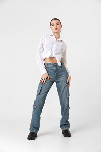 Darkly Jeans Kadın Yüksek Bel Beli ayarlanabilir Kargo Pantolon