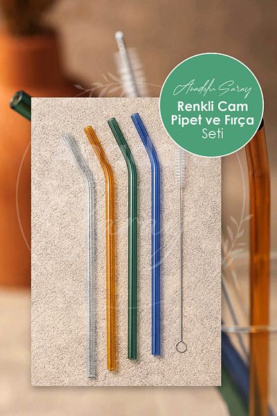 Anadolu Saray Set of 4 Colored Glass Pipettes Thermosilicate (Heat Resistant) and 1 Pipette Cleaning Brush