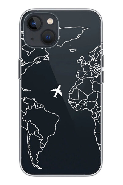 shoptocase Iphone 13 Şeffaf Çizgisel Dünya Haritası Desenli Telefon Kılıfı