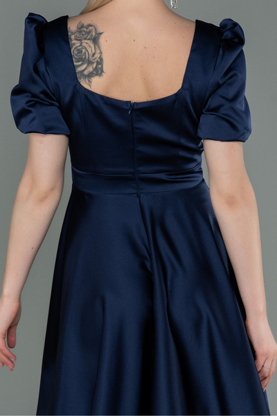 Abiyefon Lacivert Kısa Kol Kare Yaka Saten Davet Elbisesi ABK1792