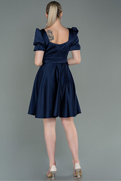 Abiyefon Lacivert Kısa Kol Kare Yaka Saten Davet Elbisesi ABK1792