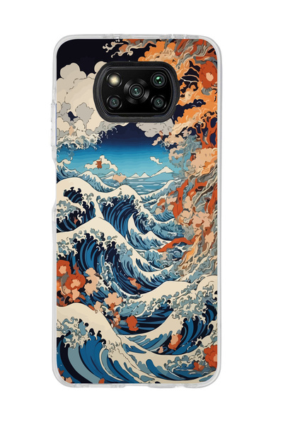 Magic Ring Poco X3 Pro Uyumlu Kanagawa Dalga Desenli Şeffaf Telefon Kılıfı