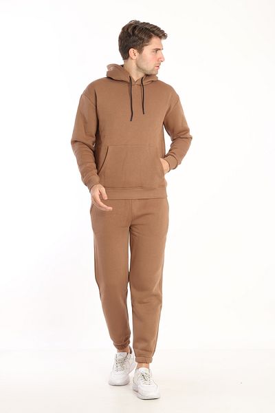 NEED LİFE Men's Light Brown Winter Cotton Hooded Kangaroo Pocket Comfortable Fit Tracksuit Set