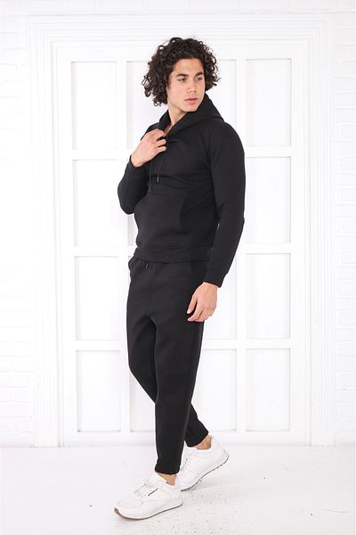 NEED LİFE Men's Black Winter Cotton Hooded Kangaroo Pocket Comfortable Fit Tracksuit Set