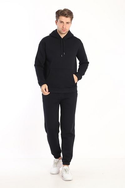 NEED LİFE Men's Navy Blue Winter Cotton Hooded Kangaroo Pocket Comfortable Fit Tracksuit Set