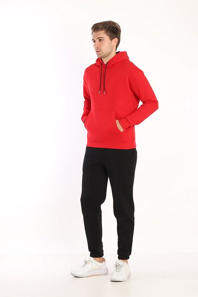 NEED LİFE Men's Red Winter Cotton Hooded Kangaroo Pocket Comfortable Fit Tracksuit Set