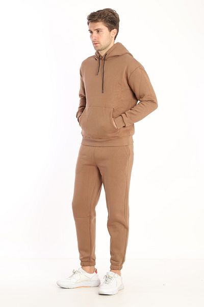 NEED LİFE Men's Light Brown Winter Cotton Hooded Kangaroo Pocket Comfortable Fit Tracksuit Set