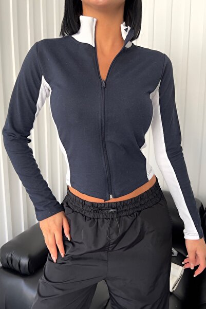 FEMELLE Navy Blue Retro Zippered Crop Blouse
