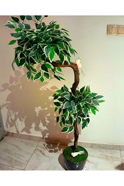 YEŞİLADA Yapay Top Benjamin Ağacı Beyaz Kuşlu 1.50 Mt Boy Çift Gövde Top Şimşir Top Ağaç