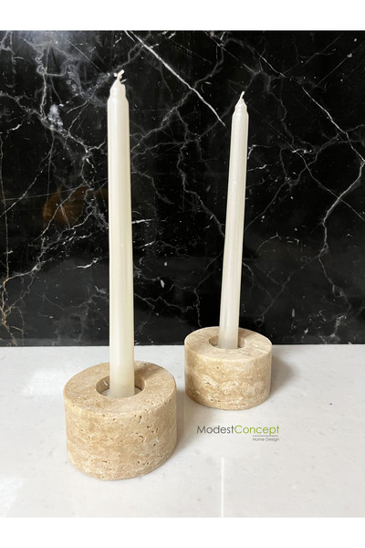 Modestmar Doğal Traverten Mumluk, Mermer Mumluk, Mermer Tealight, Mumluk 2 Adet, Yuvarlak Mermer Şamdan