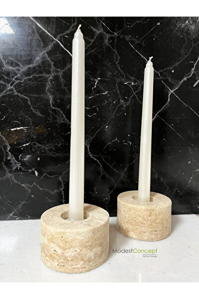 Modestmar Doğal Traverten Mumluk, Mermer Mumluk, Mermer Tealight, Mumluk 2 Adet, Yuvarlak Mermer Şamdan