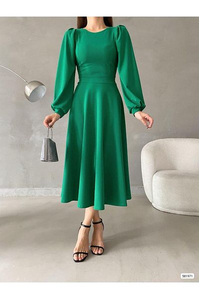 rengafashion Rochie de damă cu mânecă cu balon din țesătură creponată (culoare)