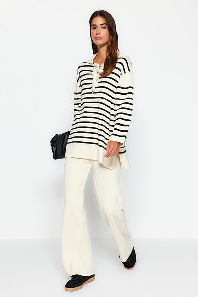 Trendyol Modest Beige Stripe Knitwear Sweater and Trousers Set - Lacing Detail Tctaw24Us00080