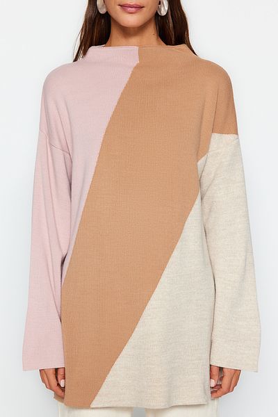 Trendyol Modest Powder Color Block Stand Collar Knitwear Sweater TCTAW24AK00006