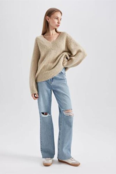 DeFacto Pulover de tricotaj oversize cu decolteu în V