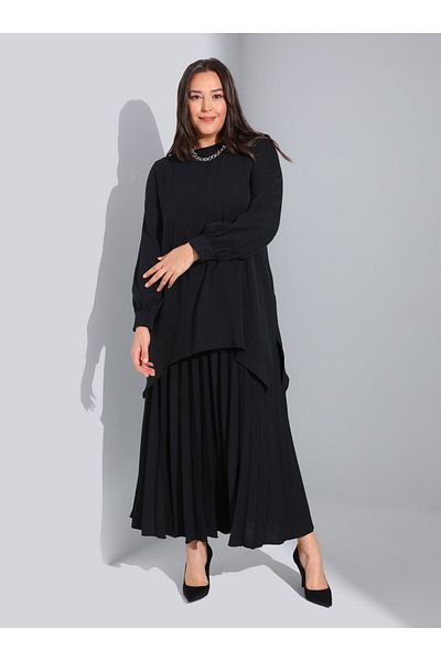 ALİA Plus Size Pleated Tunic & Skirt Double Aerobin Set - Black -