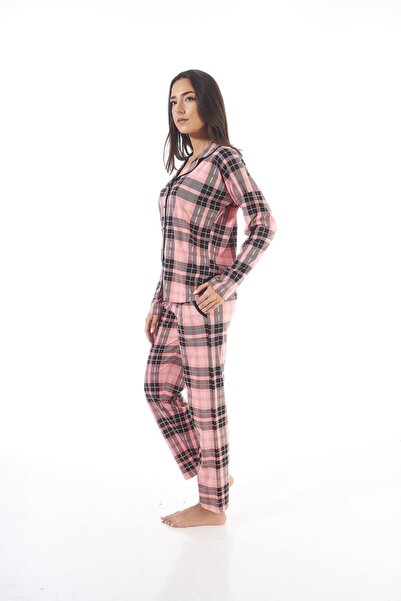 Estiva 21365 Women's Shirt Collar Pink Checked Front Buttoned Pajama Set