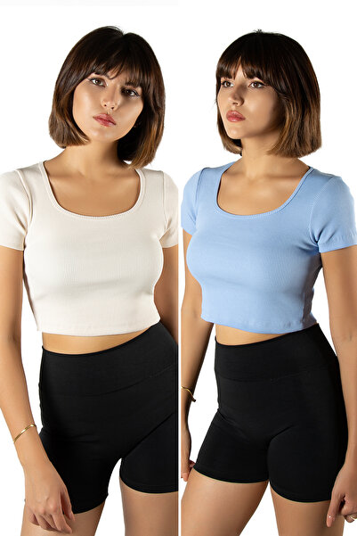 BUCADO Πακέτο 2 Μπλουζάκια με κοντό μανίκι με λαιμόκοψη σε μπλε κρέμα πισίνας