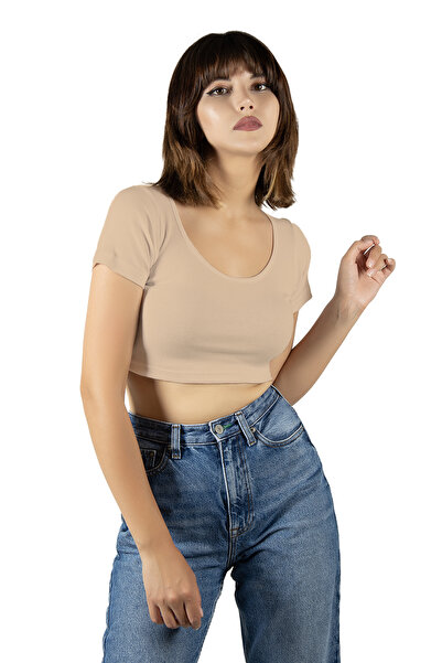 ADEGO Krem Havuz Yaka Fitted/vücuda Oturan Kısa Kol Crop Tişört