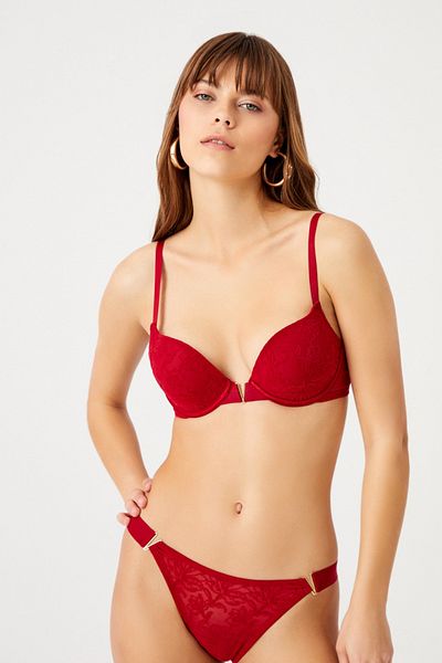 Rubuvi Flocked V Detailed Floral Patterned Padded Bra and Underwire Laundry Set for Women