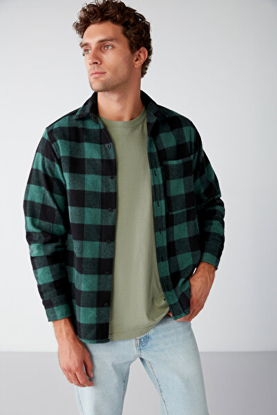 GRIMELANGE Cullen férfi favágó ing vastag texturált polár felső és puha kockás kabát ing