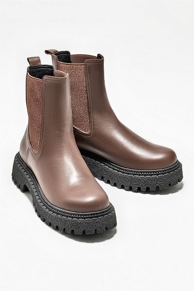 Elle Shoes Καφέ Δερμάτινες Γυναικείες Μπότες Casual
