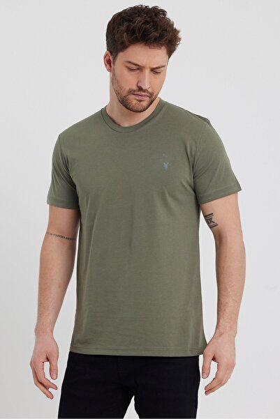 COMBİNE MİCHAİL Ανδρικό κοντομάνικο βαμβακερό μπλουζάκι Khaki Slim Fit Crew Neck 100% βαμβάκι