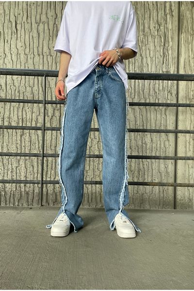 serline Oldscholl Blue Loose Fit Trousers with Side and Leg Detail